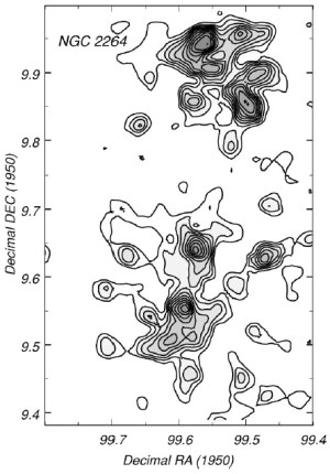Kontur kerapatan permukaan sumber-sumber inframerah (pita J) dalam gugus muda NGC 2264. Ini adalah contoh gugus yang memiliki struktur hierarkhis